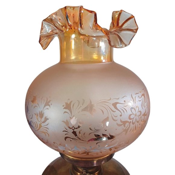 Antique Fenton Hurricane Oil Lamp Conv. Electric Iridescent Amber Shades Vintage - Picture 5 of 14